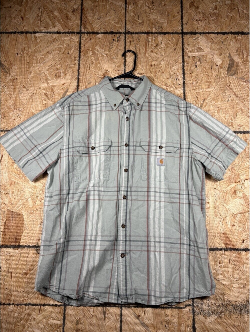 Vintage Carhartt Loose Fit Short Sleeve Work Shirt Denim Blue Size L Plaid Ivory